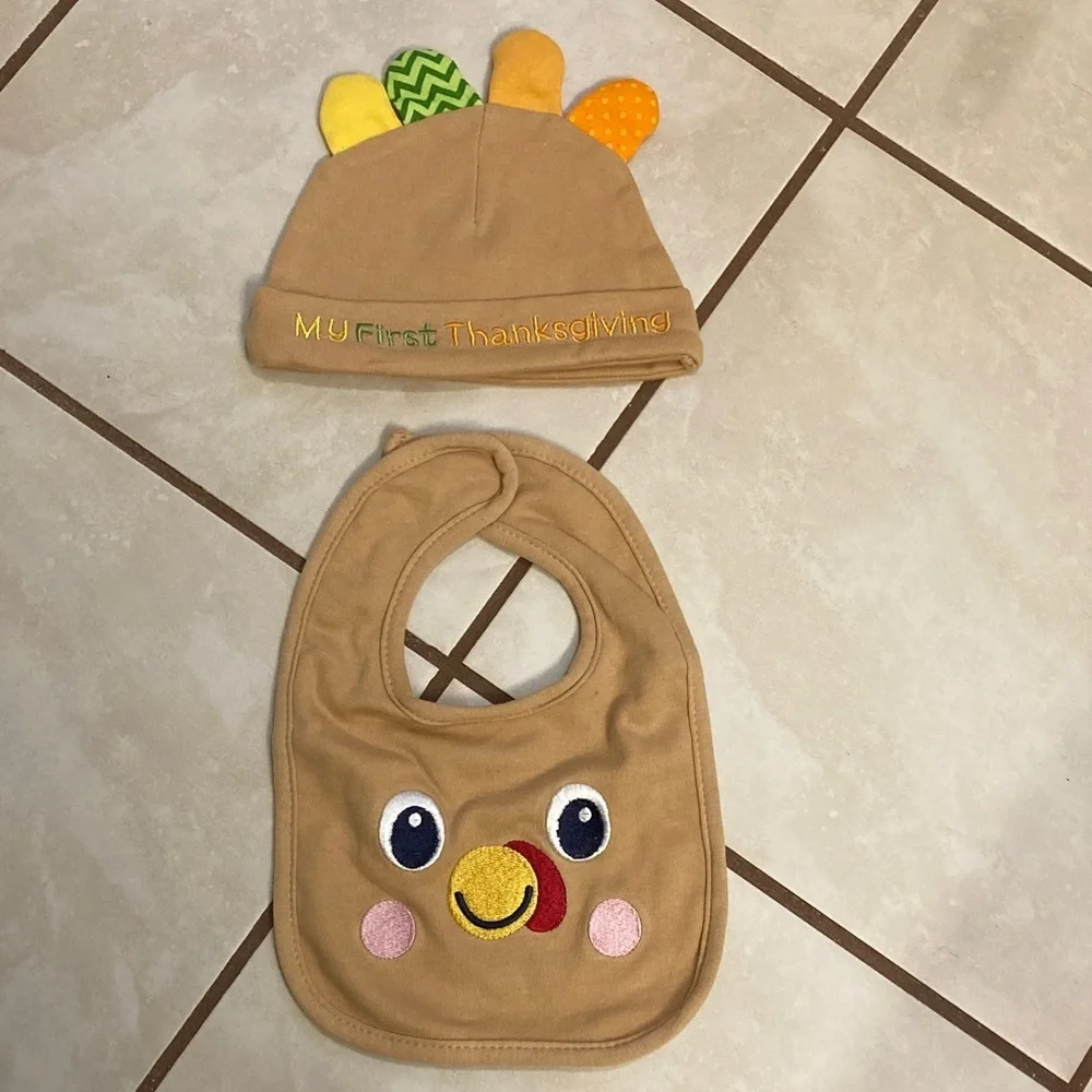 Tan Thanksgiving Baby Hat and Bib Set
